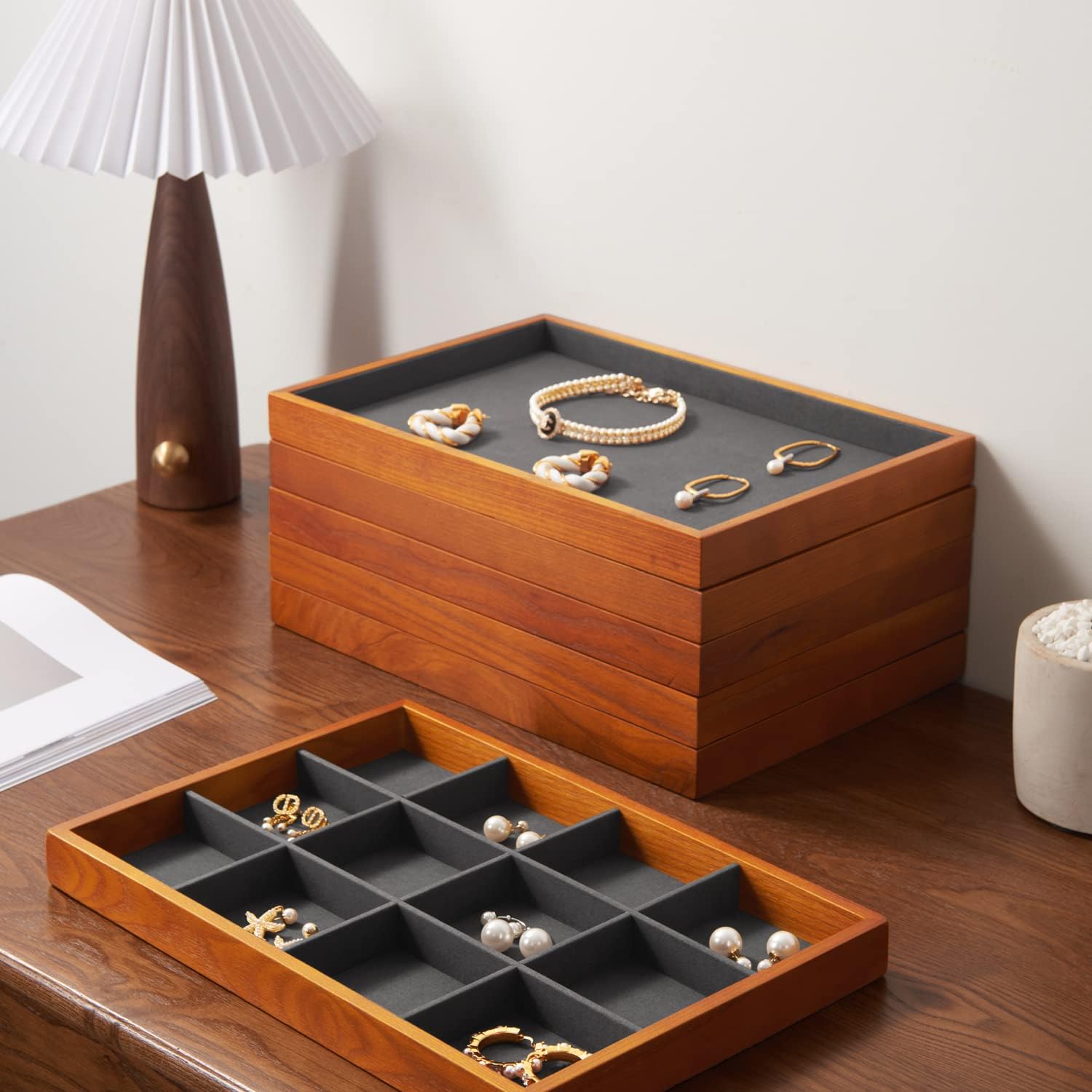 Wood Flat Jewelry Tray Stackable Jewelry Drawer Organizer Showcase Jewelry Holder
