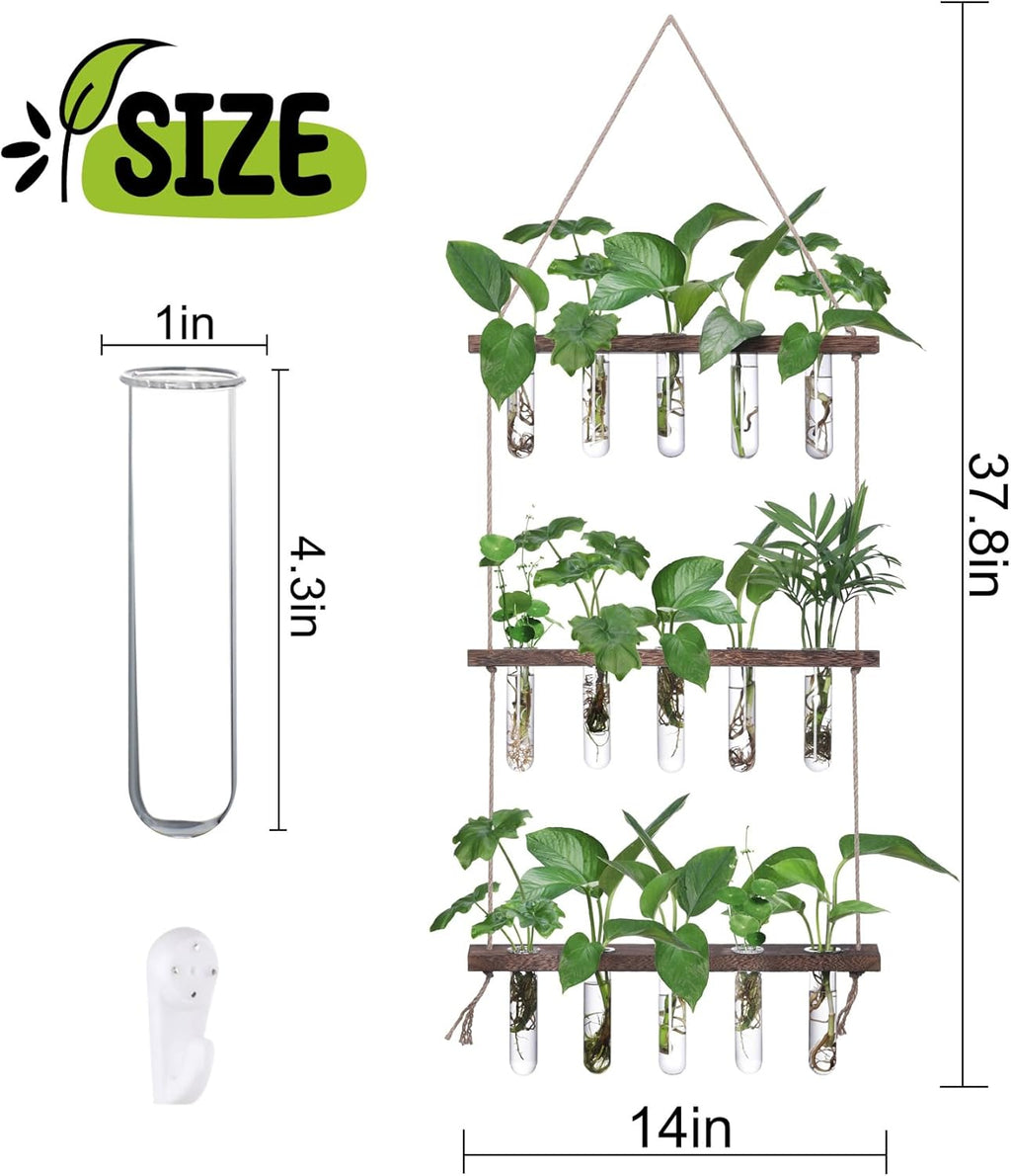 Wall Hanging Propagation Station with Wooden Stand 5 Glass Test Tubes 3 Tiered Planters Wall Terrarium for Home Office Plant Hanger Flower Vases Wall Decor Hydroponic Cuttings