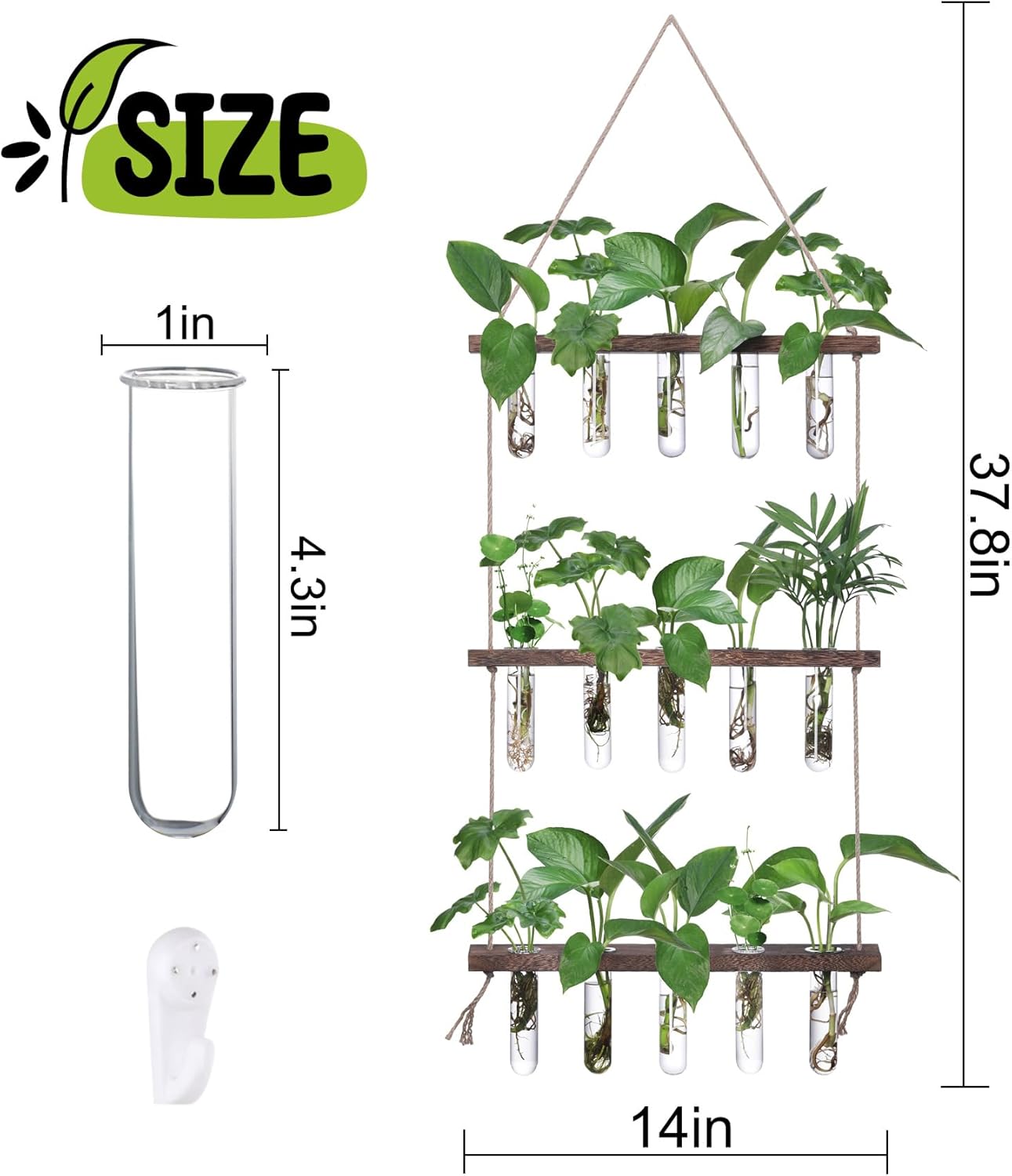 Wall Hanging Propagation Station with Wooden Stand 5 Glass Test Tubes 3 Tiered Planters Wall Terrarium for Home Office Plant Hanger Flower Vases Wall Decor Hydroponic Cuttings