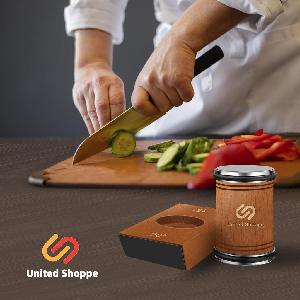 Rolling Knife Sharpener with Protective Wooden Box, Knife Sharpening Made Easy - Knife Sharpener Tool for Kitchen Knives, Kitchen knife Sharpener kit with 15° & 20° Magnetic Angle(Brown)