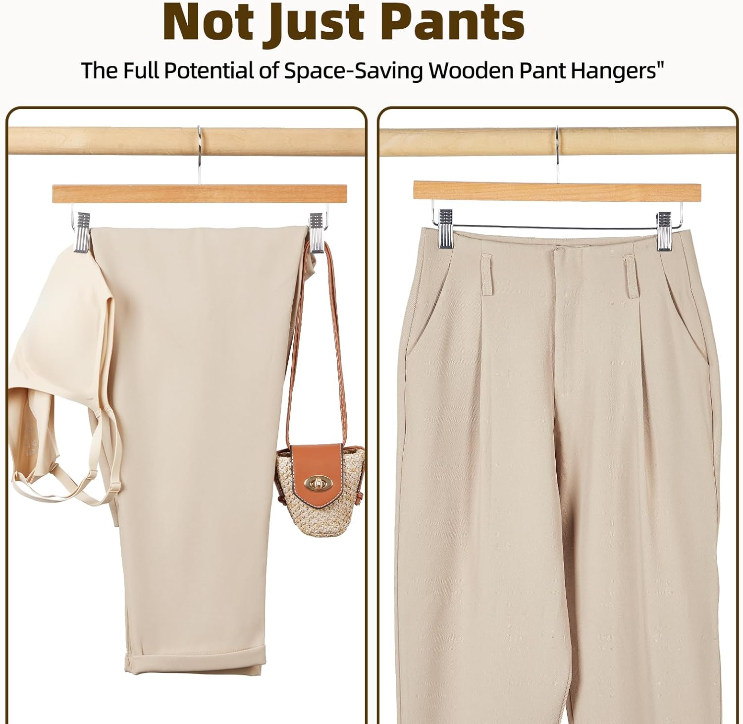 Premium Wooden Pants Hangers 25 Pack, Solid Lotus Wood Skirt Hangers with 2-Adjustable Clips, Heavy Duty & Anti Slip Wood Bottom Hanger for Slacks, Jeans, Trousers, Shorts