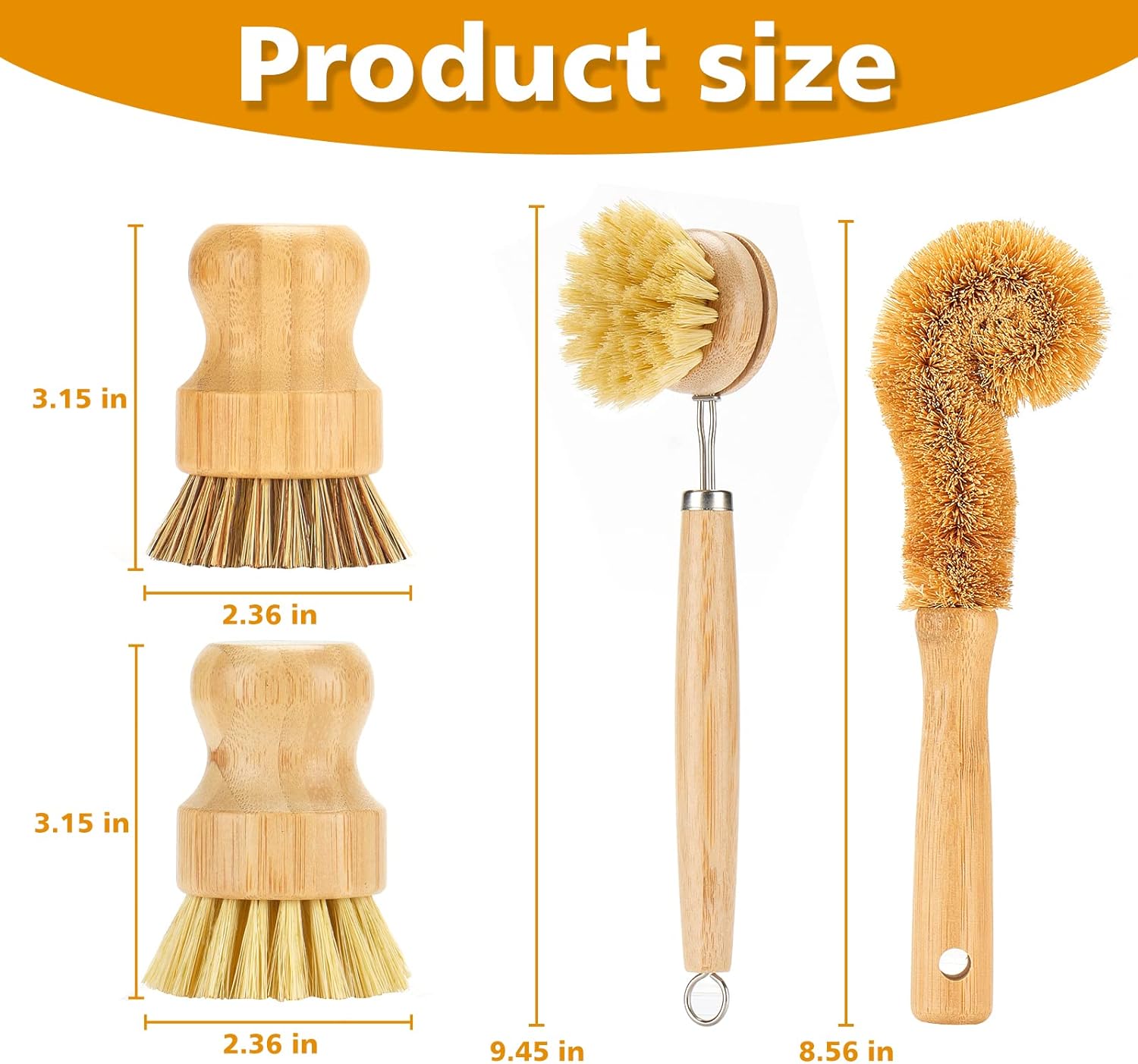4 Piece Bamboo Dish Brush Set with Coconut Sponge - Wooden Dish Brush with Sisal and Palm Fiber, Natural Bamboo Dish Scrub Brush for Kitchen Cleaning Dishes, Pots, Pans, Bottles, Vegetables (Copy)