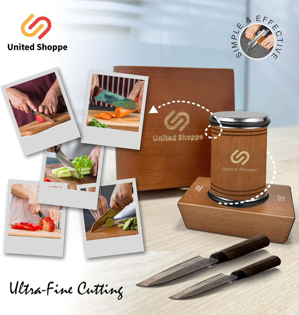 Rolling Knife Sharpener with Protective Wooden Box, Knife Sharpening Made Easy - Knife Sharpener Tool for Kitchen Knives, Kitchen knife Sharpener kit with 15° & 20° Magnetic Angle(Brown)