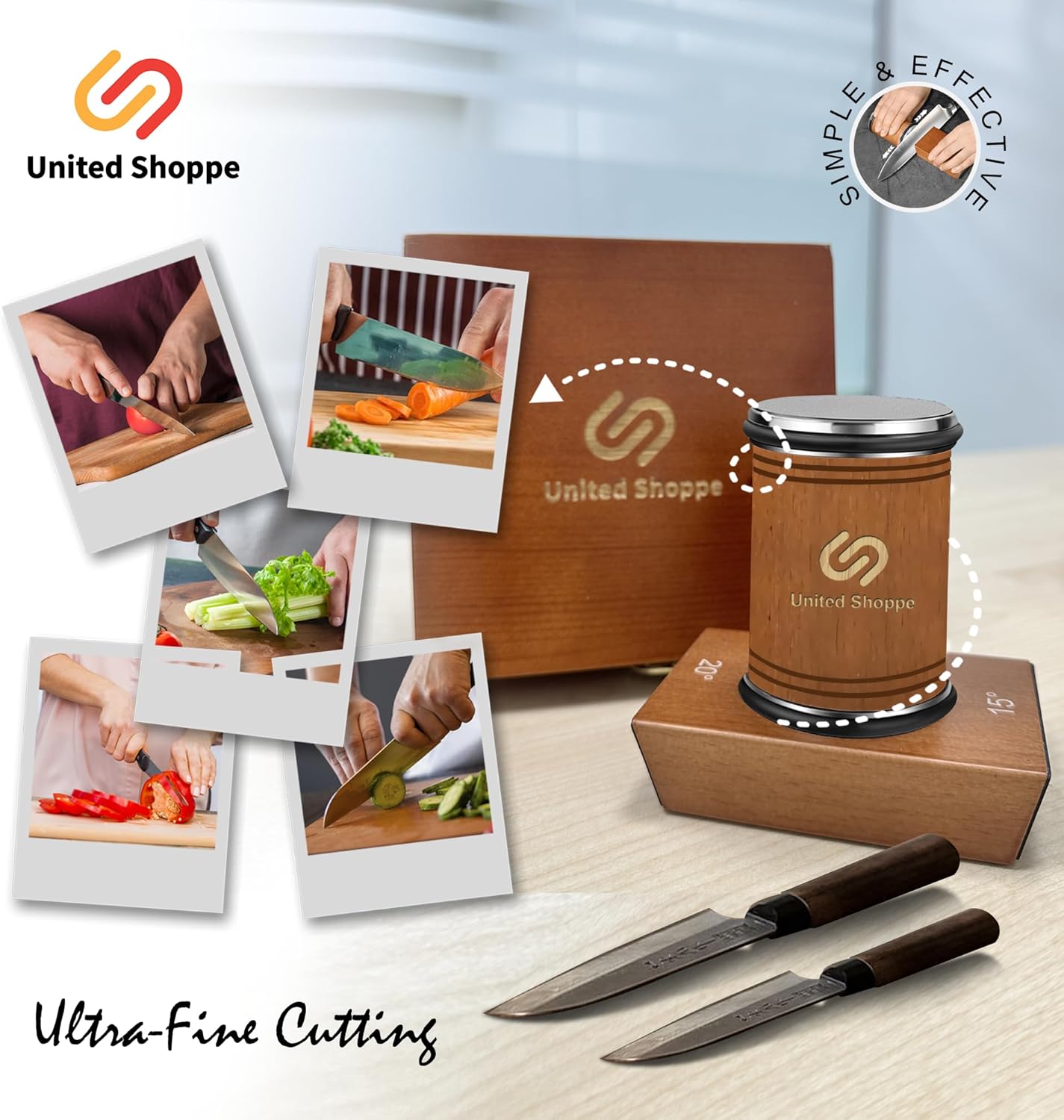 Rolling Knife Sharpener with Protective Wooden Box, Knife Sharpening Made Easy - Knife Sharpener Tool for Kitchen Knives, Kitchen knife Sharpener kit with 15° & 20° Magnetic Angle(Brown)