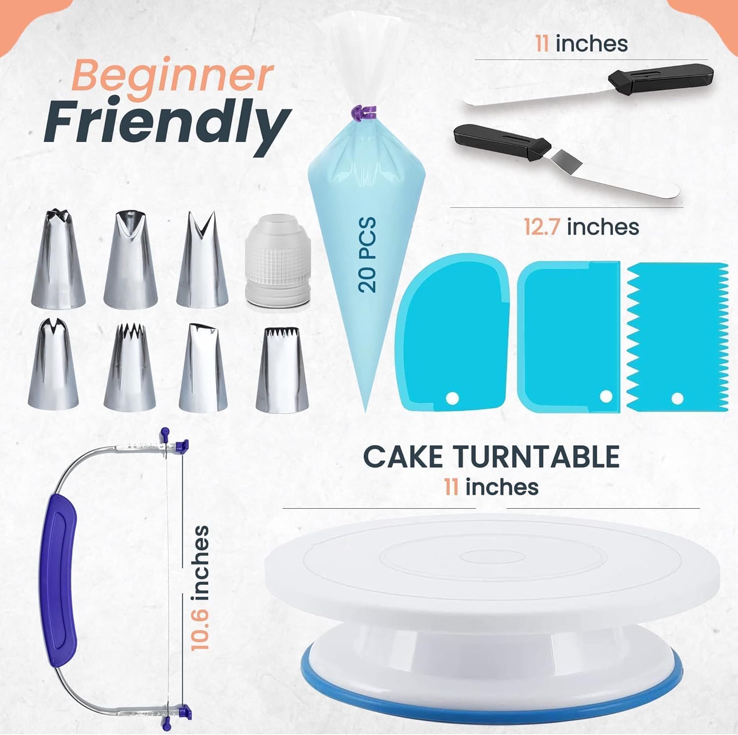 35PCs Cake Turntable and Leveler-Rotating Cake Stand with Non Slip pad-7 Icing Tips and 20 Bags- Straight & Offset Spatula-3 Scraper Set -EBook-Cake Decorating Supplies Kit -Baking Tools