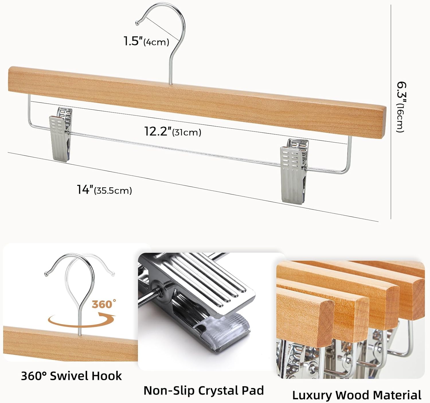 Premium Wooden Pants Hangers 25 Pack, Solid Lotus Wood Skirt Hangers with 2-Adjustable Clips, Heavy Duty & Anti Slip Wood Bottom Hanger for Slacks, Jeans, Trousers, Shorts