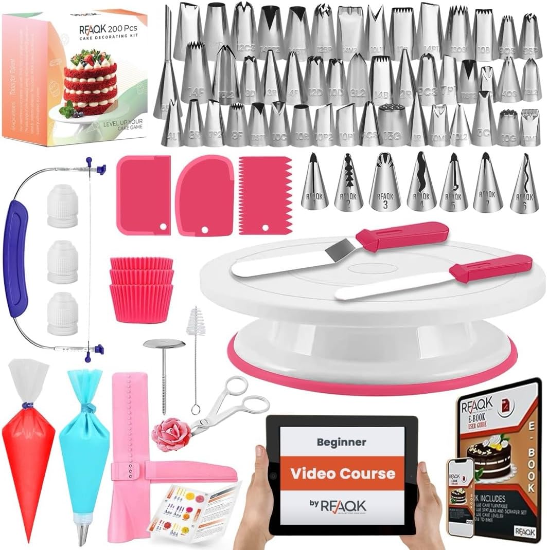 200PCs Cake Decorating Kit for Beginners with Turntable for Decoration - Piping Bags and Tips Set (110+55), Straight & Offset Spatula, Leveler, Video Course, Pattern Chart & More Baking Supplies