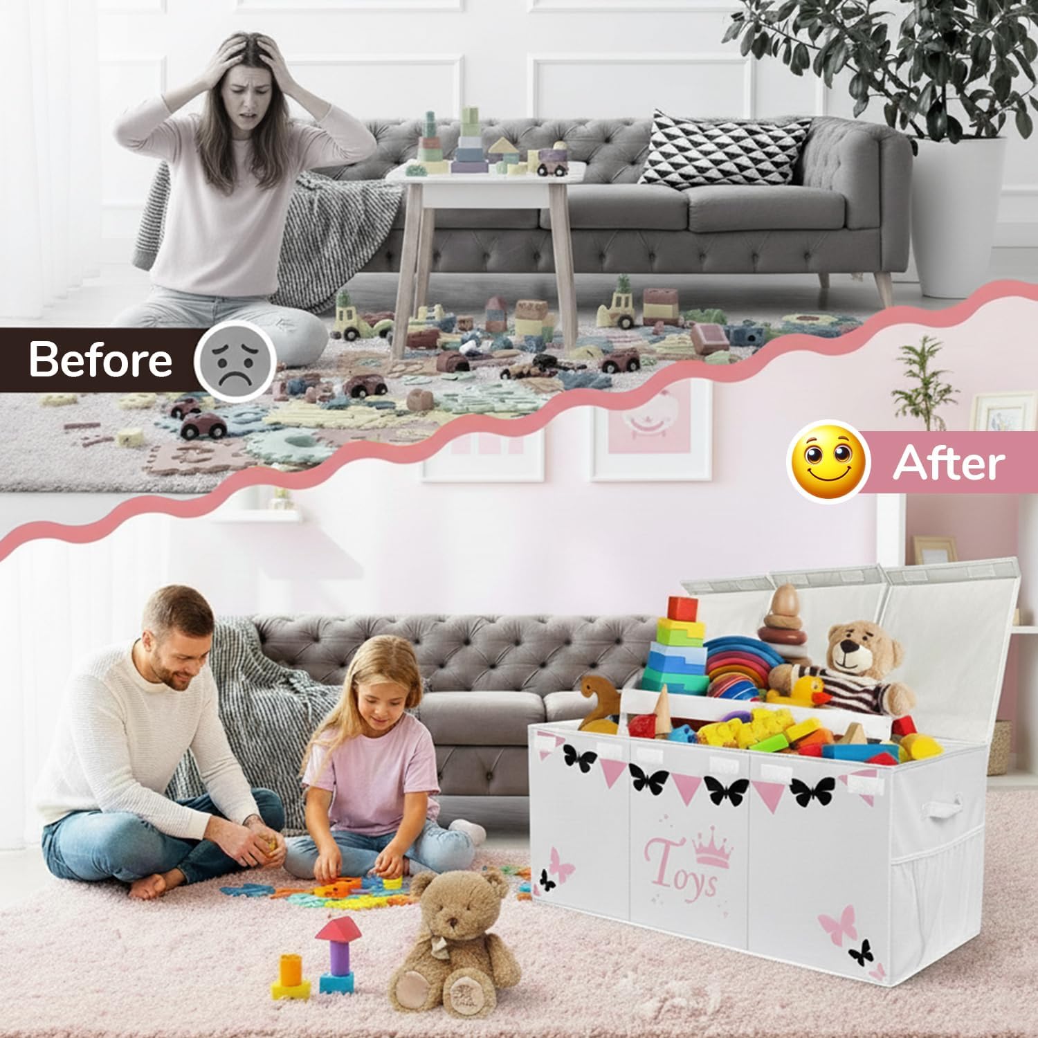 Extra Large Toy Storage Organizer For Living Room with Lids - Glow-in-Dark 40"x14"x16" Collapsible 600D Oxford Toy Chest for Kids, Boys, Girls - Durable Toy Bin for Living Room, Playroom, Nursery