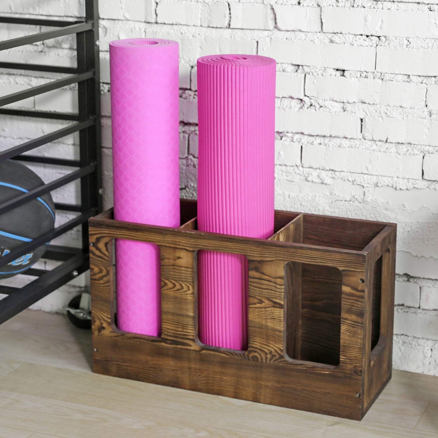 Wall Mounted Vintage Gray Solid Wood Yoga Mat Holder Fitness Gym Foam Roller Storage Organizer, Floor Standing Sports Exercise Mat Rack