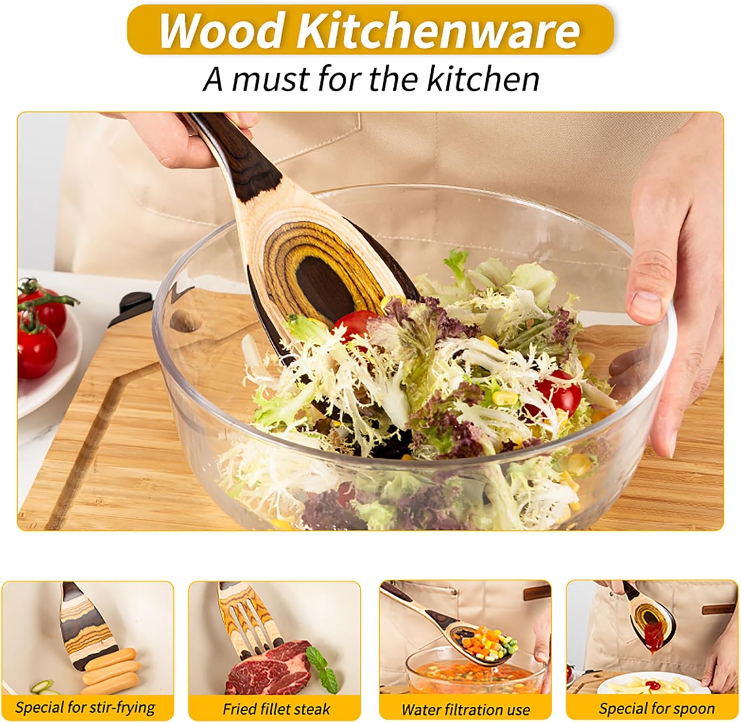 7-Piece Brown Pakkawood Utensils Set – Sturdy, Eco-Friendly, Wooden Spoons for cooking, Wooden Utensil for cooking, Wooden Kitchen Tool, Home & Kitchen Gifts for Men and Women
