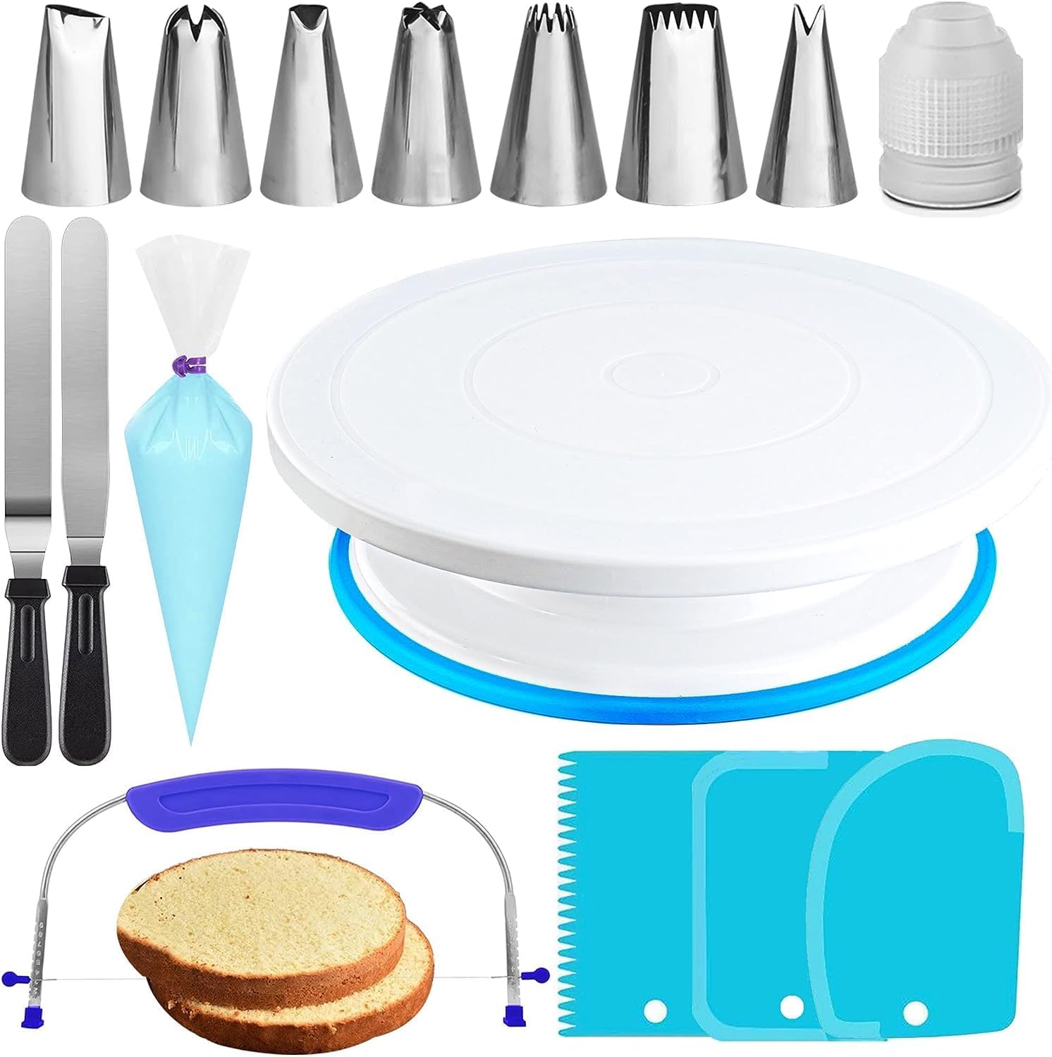 35PCs Cake Turntable and Leveler-Rotating Cake Stand with Non Slip pad-7 Icing Tips and 20 Bags- Straight & Offset Spatula-3 Scraper Set -EBook-Cake Decorating Supplies Kit -Baking Tools