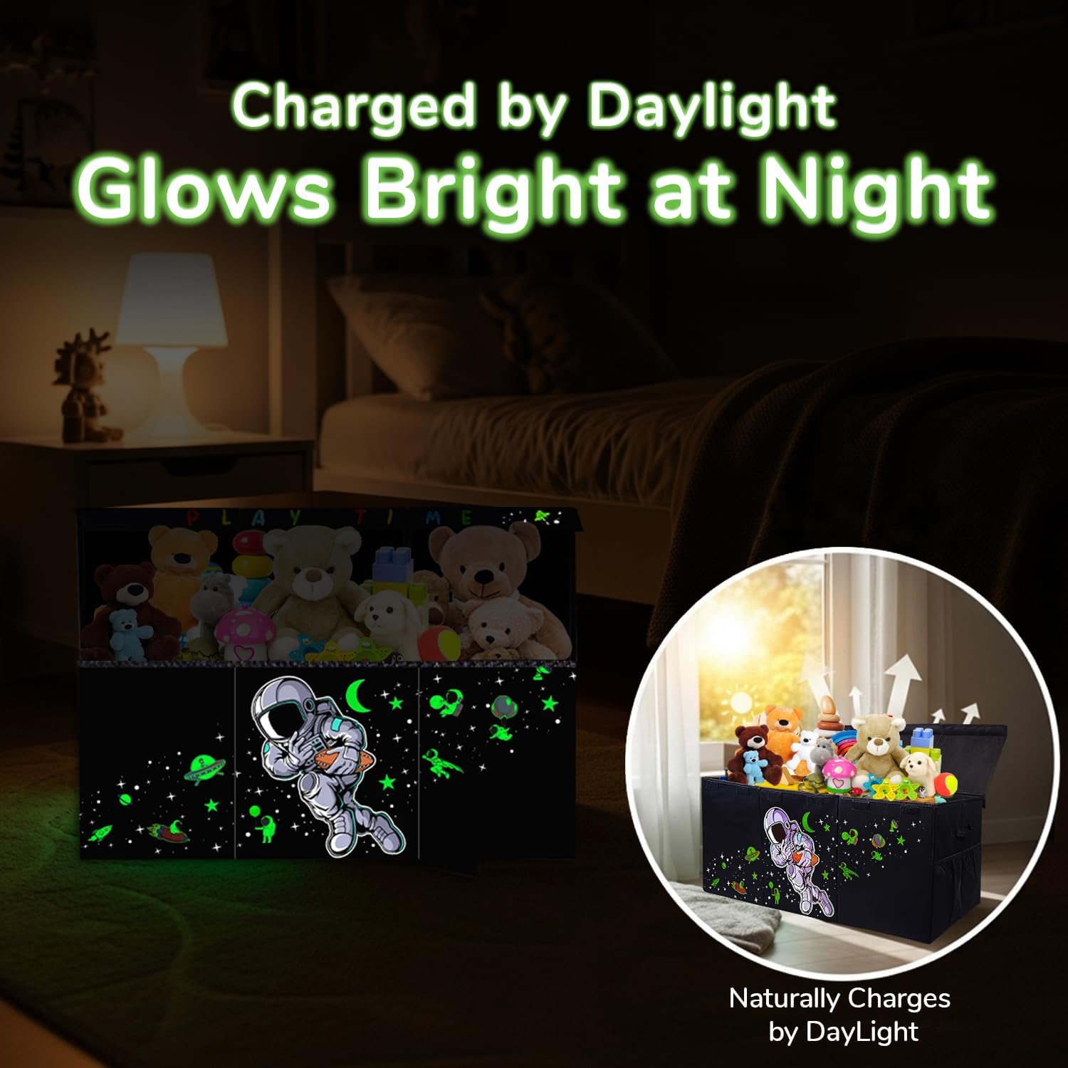 Extra Large Toy Storage Organizer For Living Room with Lids - Glow-in-Dark 40"x14"x16" Collapsible 600D Oxford Toy Chest for Kids, Boys, Girls - Durable Toy Bin for Living Room, Playroom, Nursery