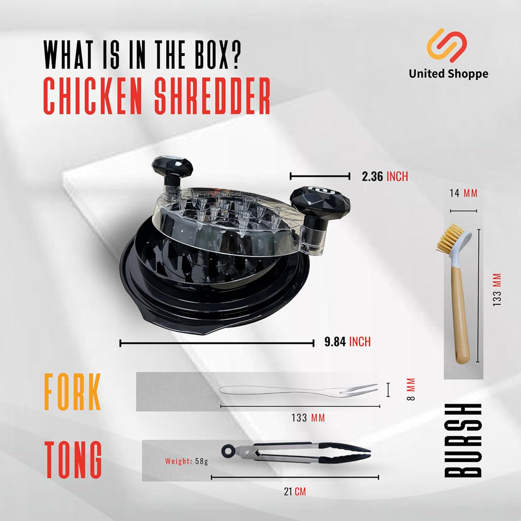 3 - in - 1 Pro Chicken Shredder Tool Twist - Large Meat Shredder with Cleaning Brush, Tong & Fork - Heat Resistant, Dishwasher Safe & Anti Slip - Chicken Breast Shredder for Steak Pork Beef, Chicken
