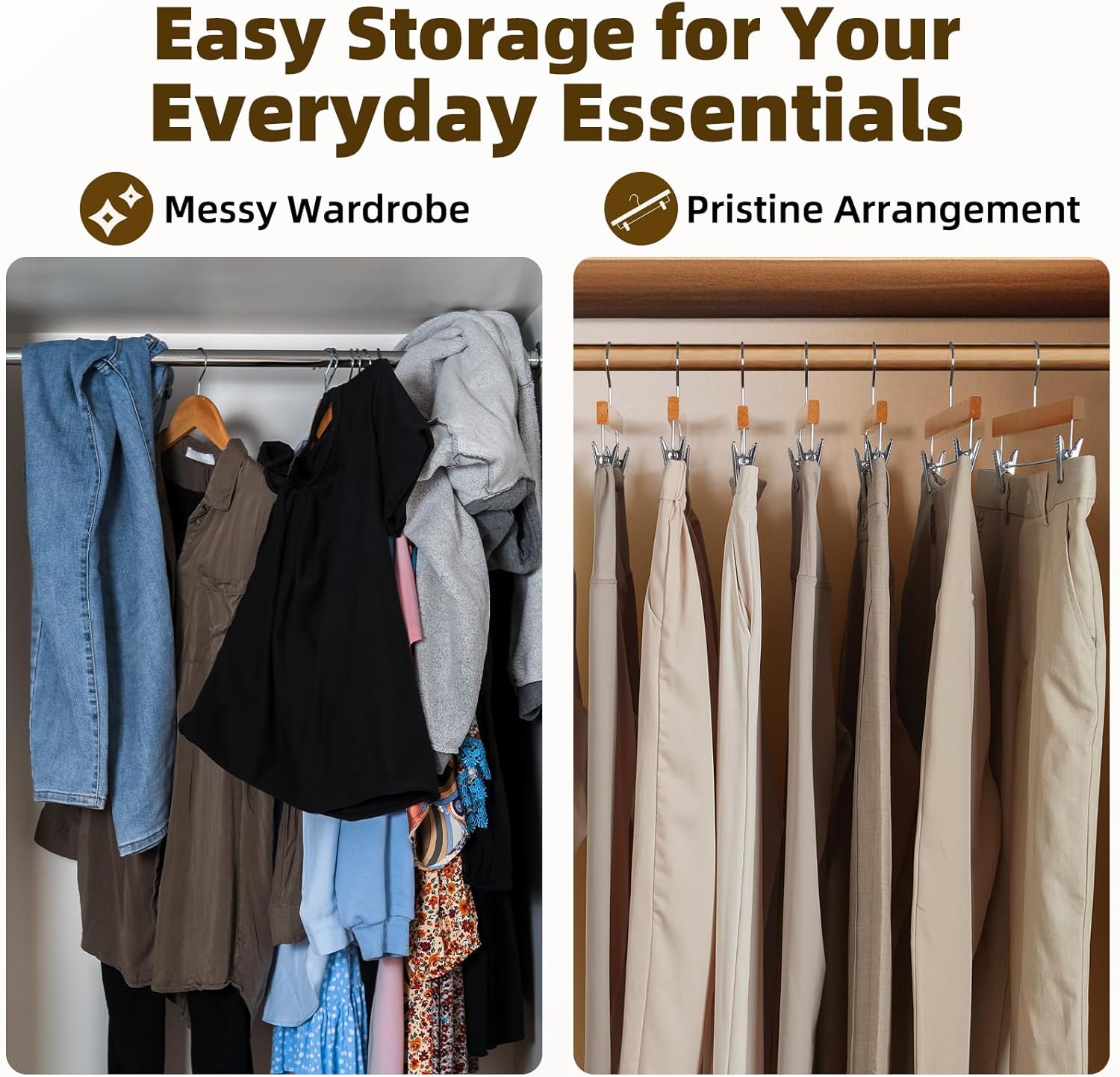 Premium Wooden Pants Hangers 25 Pack, Solid Lotus Wood Skirt Hangers with 2-Adjustable Clips, Heavy Duty & Anti Slip Wood Bottom Hanger for Slacks, Jeans, Trousers, Shorts
