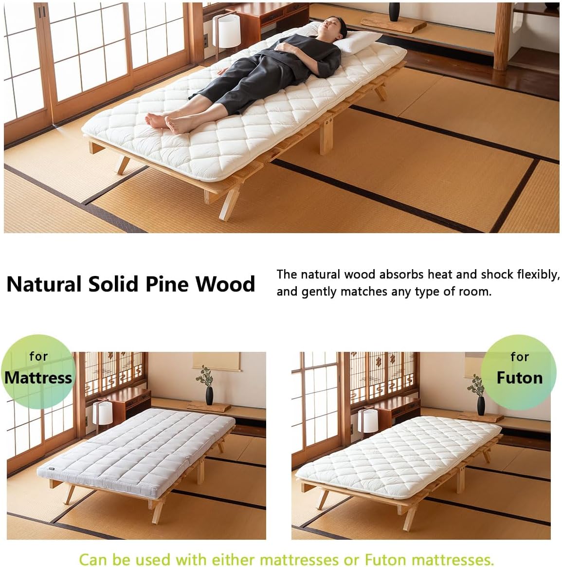 Foldable Wood Slatted Floor Bed Frame OSMOS Twin Solid Pine (Earth-Natural), Easy Assembly Space Saving Storable Floor Life Tatami