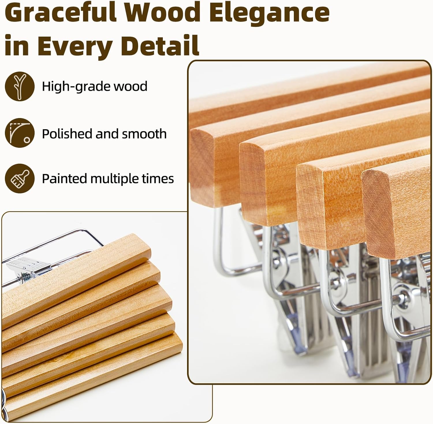 Premium Wooden Pants Hangers 25 Pack, Solid Lotus Wood Skirt Hangers with 2-Adjustable Clips, Heavy Duty & Anti Slip Wood Bottom Hanger for Slacks, Jeans, Trousers, Shorts