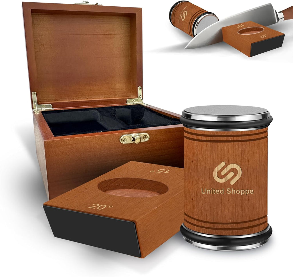 Rolling Knife Sharpener with Protective Wooden Box, Knife Sharpening Made Easy - Knife Sharpener Tool for Kitchen Knives, Kitchen knife Sharpener kit with 15° & 20° Magnetic Angle(Brown)
