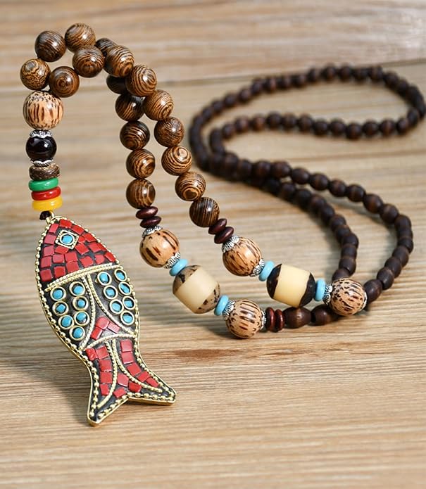Long Necklace Handmade Turquoise Wood Beads Necklace for Women Fashion Jewelry