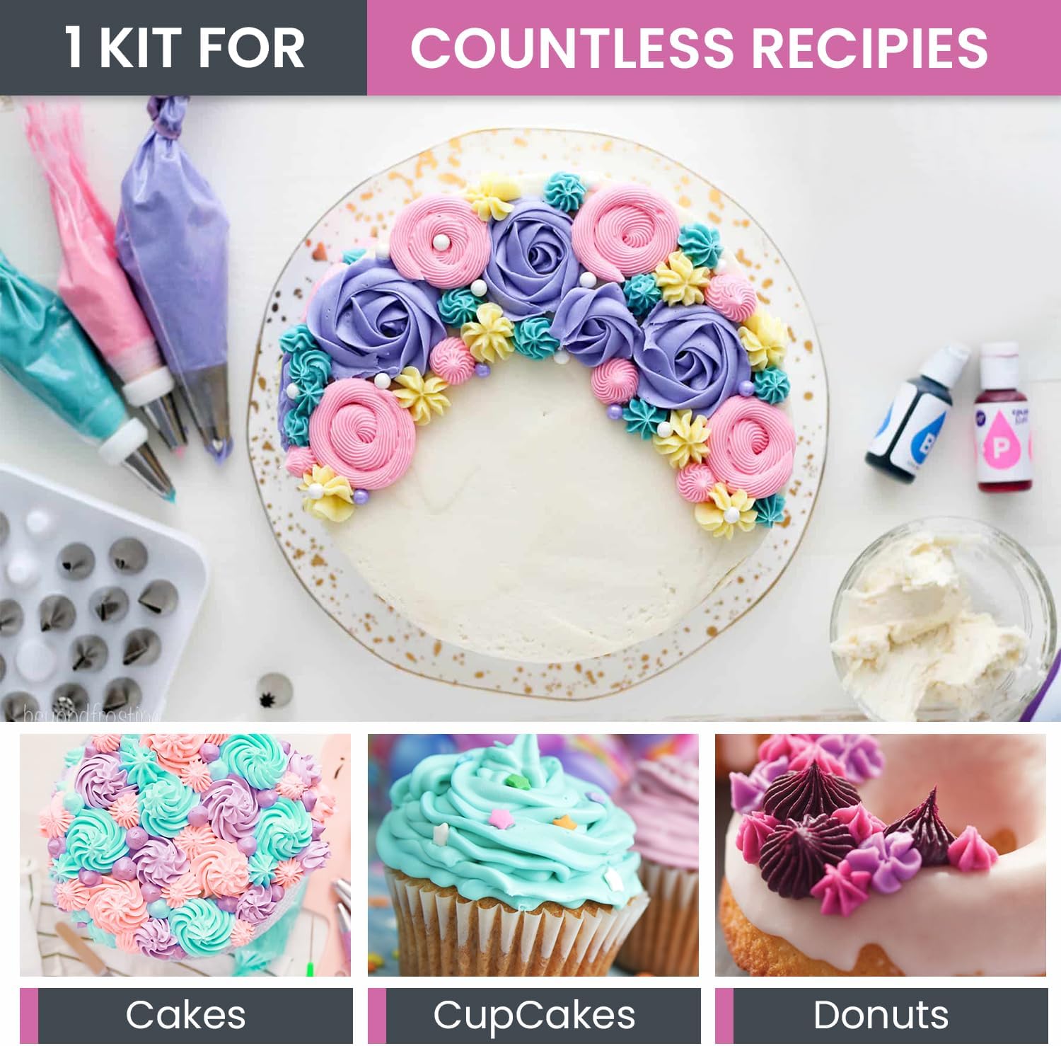 74 PCs Icing Piping Bags and Tips Set, Cake Decorating Kit with 48-Numbered Piping Tips, 20+1 Pastry Bags for Cookie Cupcake Cake Decoration, with Booklet and E-book (Pink)