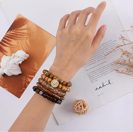 Bohemian Natural Stone Beaded Bracelets for Women Men Stackable Stretch Beads Bracelet Set with Charm and Tassel Multilayered Elastic Gemstone Bracelets Summer Beach Boho Jewelry Gift for Women