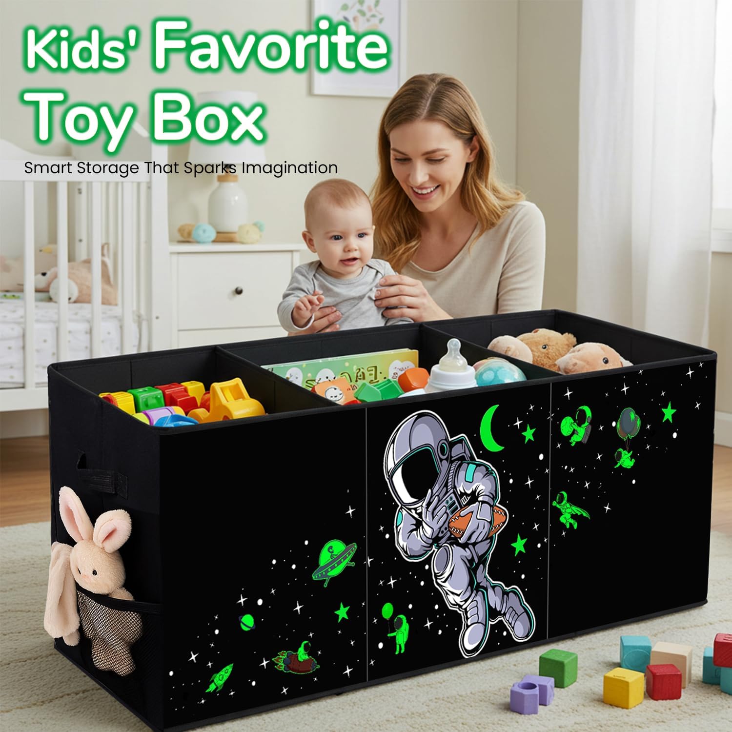 Extra Large Toy Storage Organizer For Living Room with Lids - Glow-in-Dark 40"x14"x16" Collapsible 600D Oxford Toy Chest for Kids, Boys, Girls - Durable Toy Bin for Living Room, Playroom, Nursery
