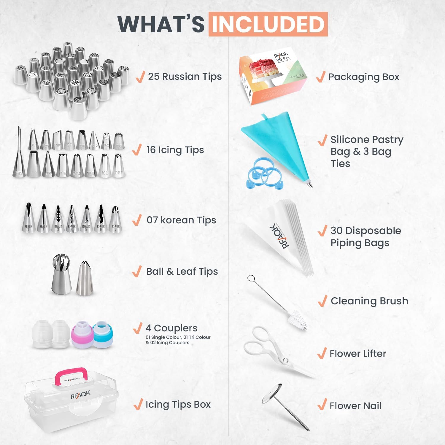 90PCs Flower Making Piping Tips Set, Includes 31 Piping Bags & 49 Tips (25 Russian piping tips, 16 Icing tips,7 Ruffle/Korean, 1 Ball Tip) + Video Course for beginners to Decorate Cake & Cupcake