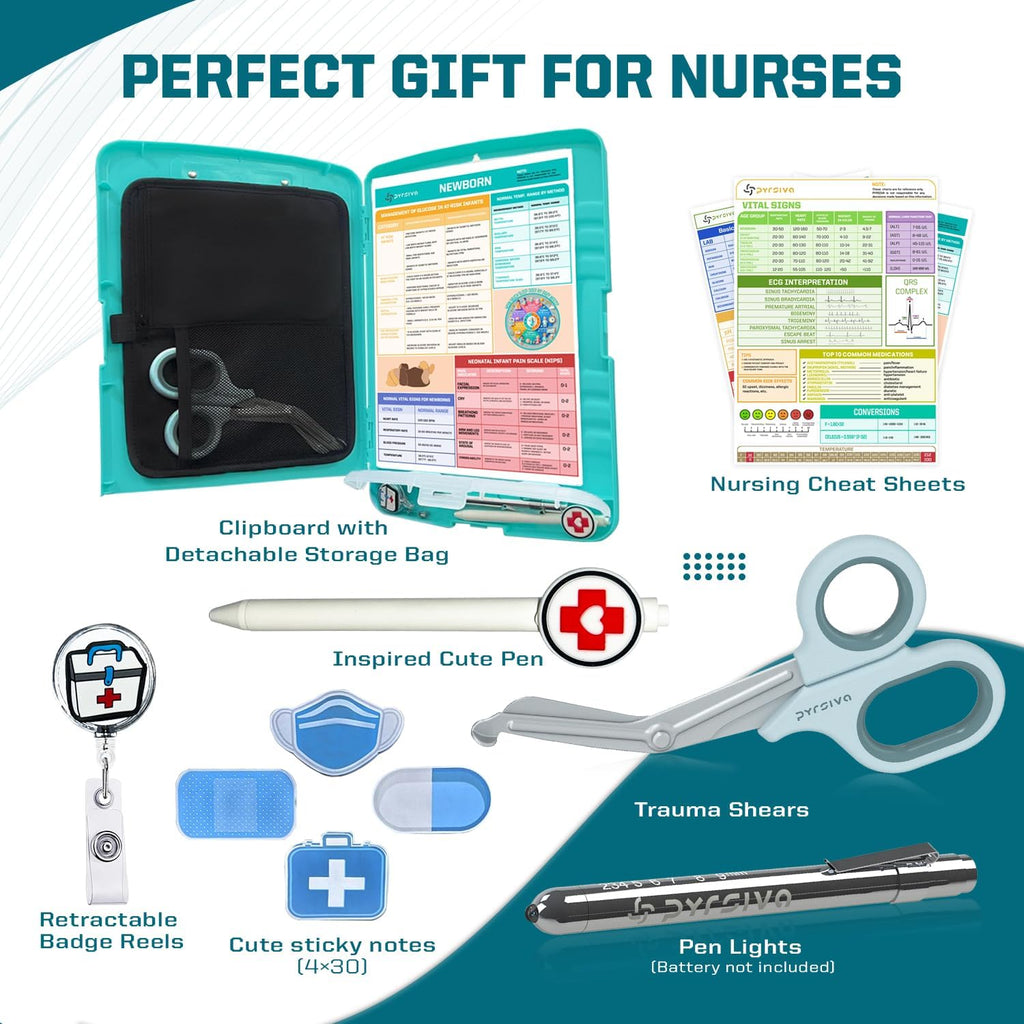 Nursing Kit – Nurse Accessories for Work | Trauma Shears, Clipboard with Storage, Badge Reel, Pen Light, Sticky Notes, Pen & Cheat Sheet – for Nursing Students & Professionals (Copy) (Copy)