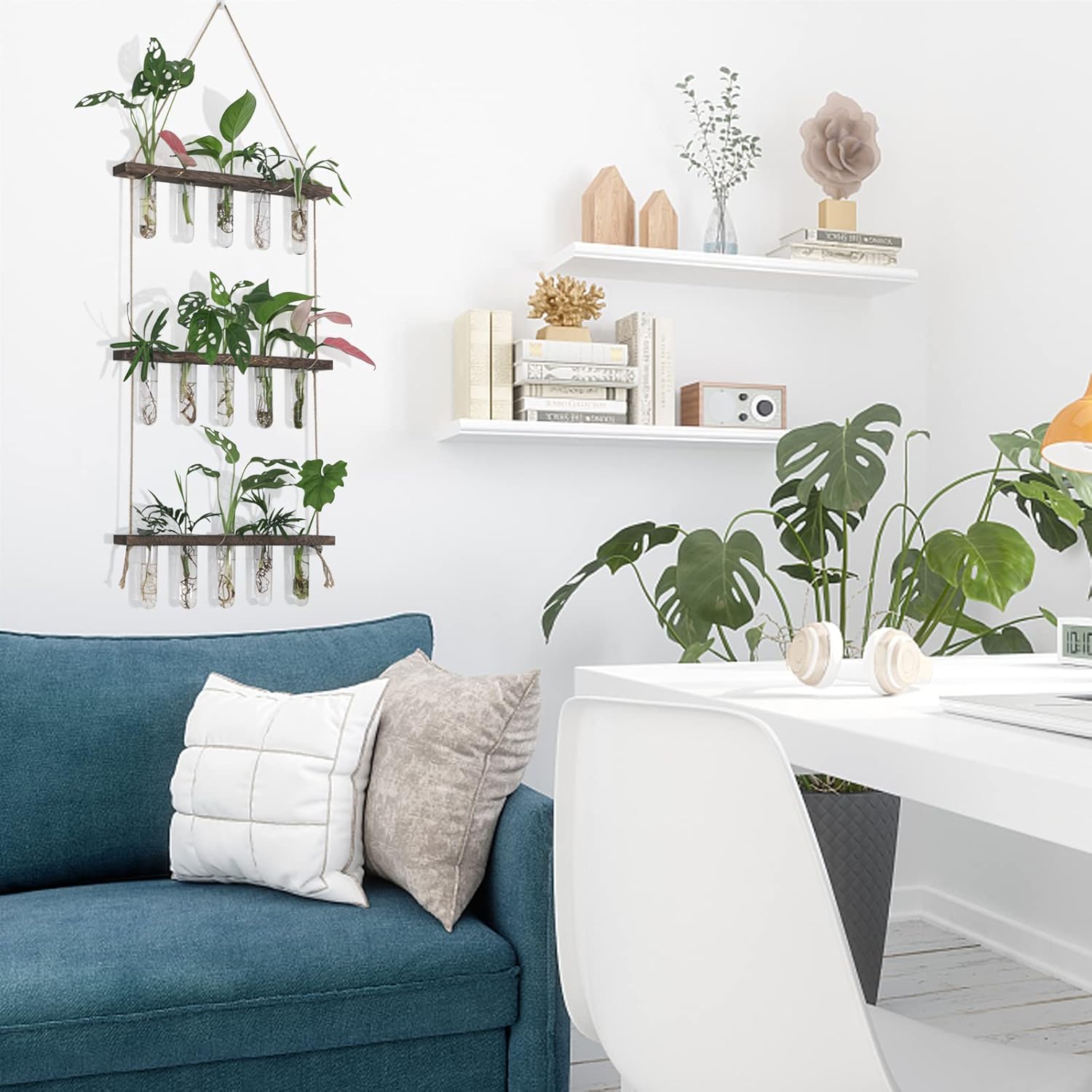 Wall Hanging Propagation Station with Wooden Stand 5 Glass Test Tubes 3 Tiered Planters Wall Terrarium for Home Office Plant Hanger Flower Vases Wall Decor Hydroponic Cuttings