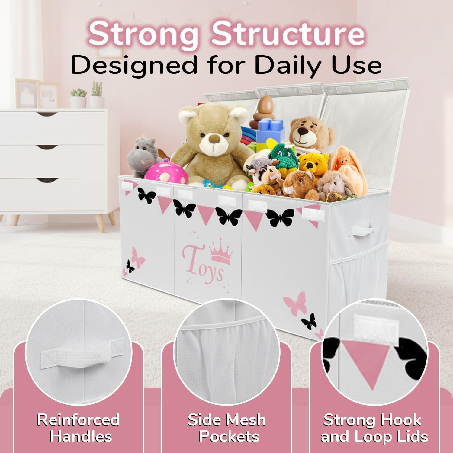 Extra Large Toy Storage Organizer For Living Room with Lids - Glow-in-Dark 40"x14"x16" Collapsible 600D Oxford Toy Chest for Kids, Boys, Girls - Durable Toy Bin for Living Room, Playroom, Nursery