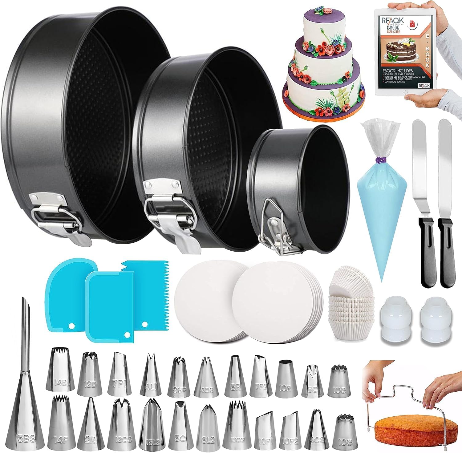 150PCs Cake Pan Set for Baking + Cake Decorating Supplies: 3 Round Non Stick Springform Pan Set (4, 7, 9 inches),24 Icing Tips,Cake Leveler–Multi-functional Leak-Proof Cake Pans & eBook
