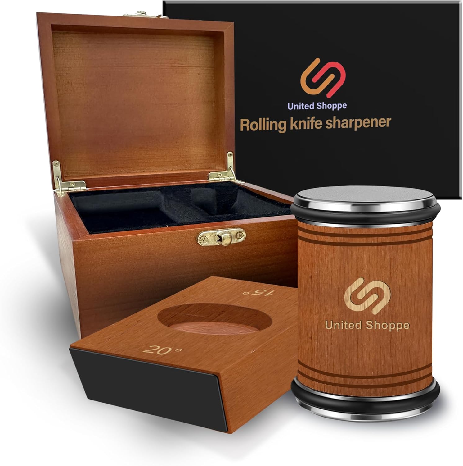 Rolling Knife Sharpener with Protective Wooden Box, Knife Sharpening Made Easy - Knife Sharpener Tool for Kitchen Knives, Kitchen knife Sharpener kit with 15° & 20° Magnetic Angle(Brown)