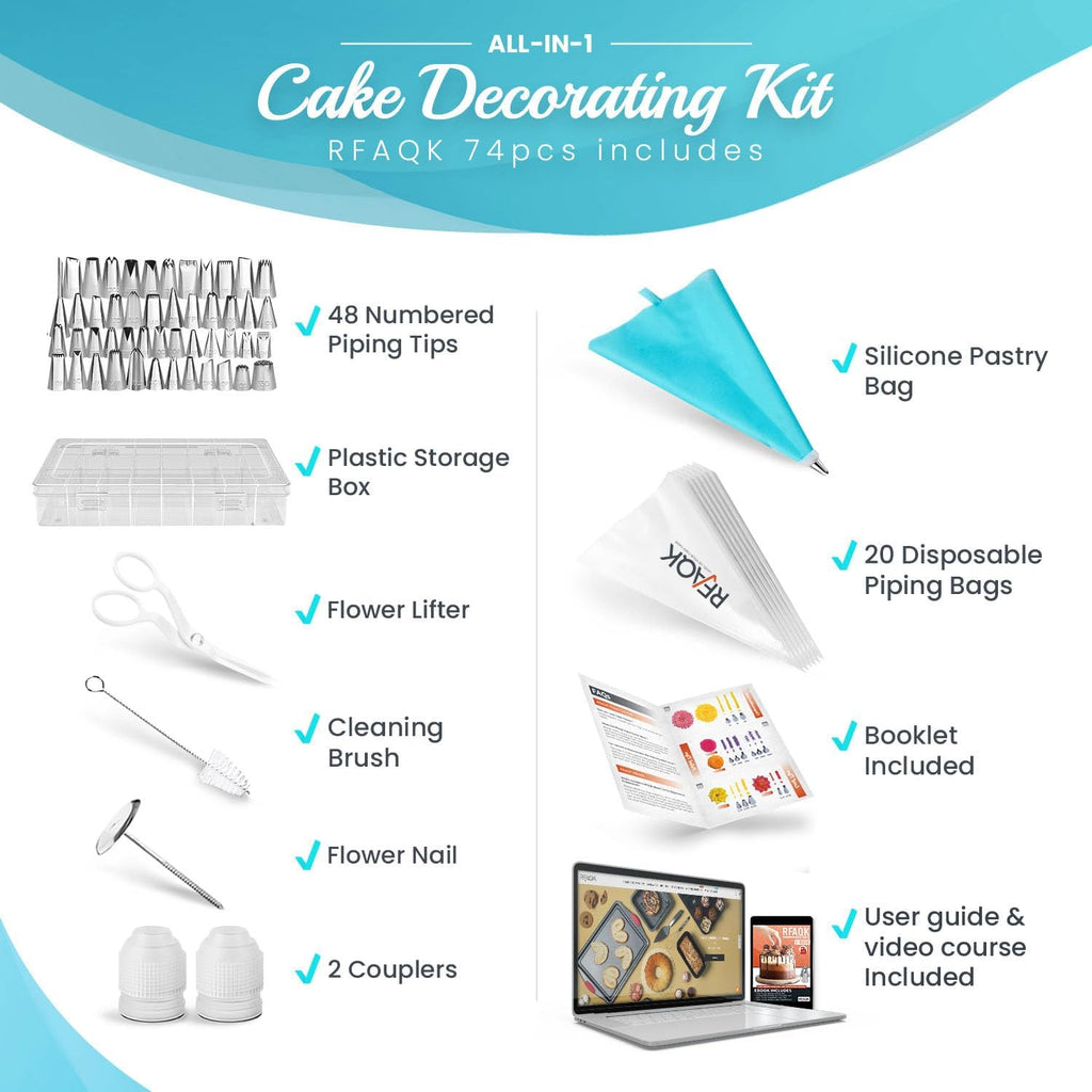 74 PCs Icing Piping Bags and Tips Set, Cake Decorating Kit with 48-Numbered Piping Tips, Anti Burst Pastry Bags for Cookie Cupcake Cake Decoration, Cake Decorating Tips Set with Booklet & E-book