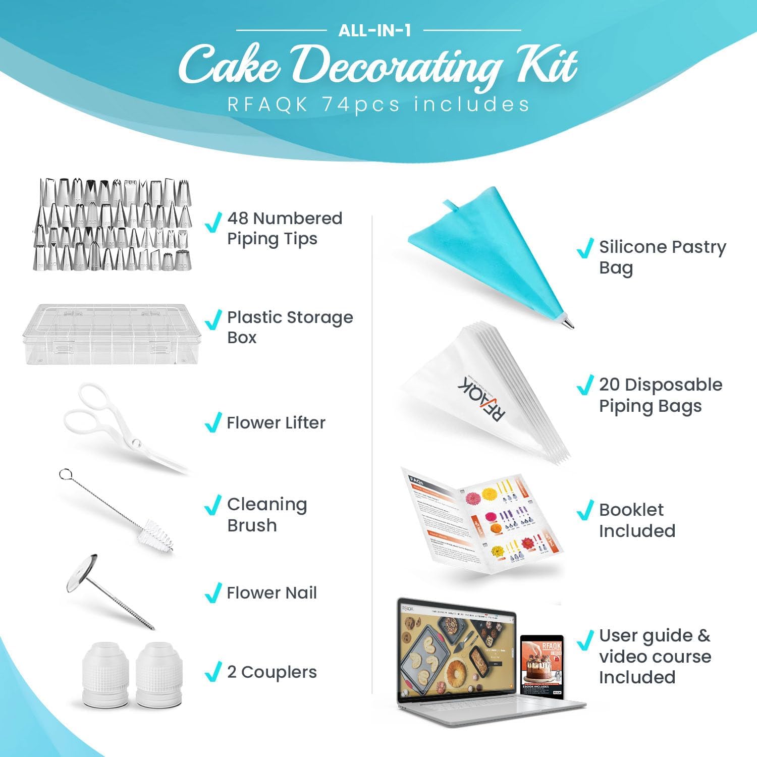 74 PCs Icing Piping Bags and Tips Set, Cake Decorating Kit with 48-Numbered Piping Tips, Anti Burst Pastry Bags for Cookie Cupcake Cake Decoration, Cake Decorating Tips Set with Booklet & E-book
