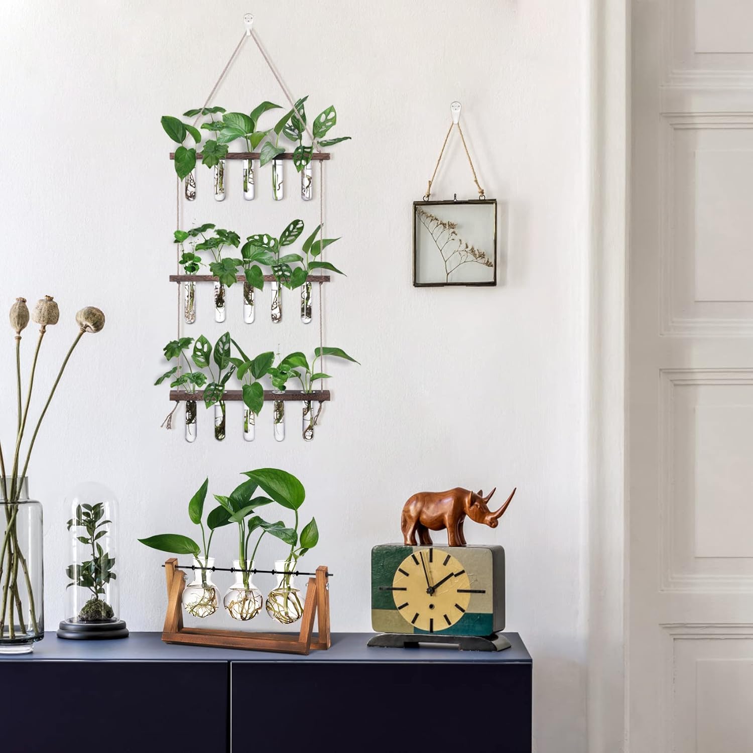 Wall Hanging Propagation Station with Wooden Stand 5 Glass Test Tubes 3 Tiered Planters Wall Terrarium for Home Office Plant Hanger Flower Vases Wall Decor Hydroponic Cuttings