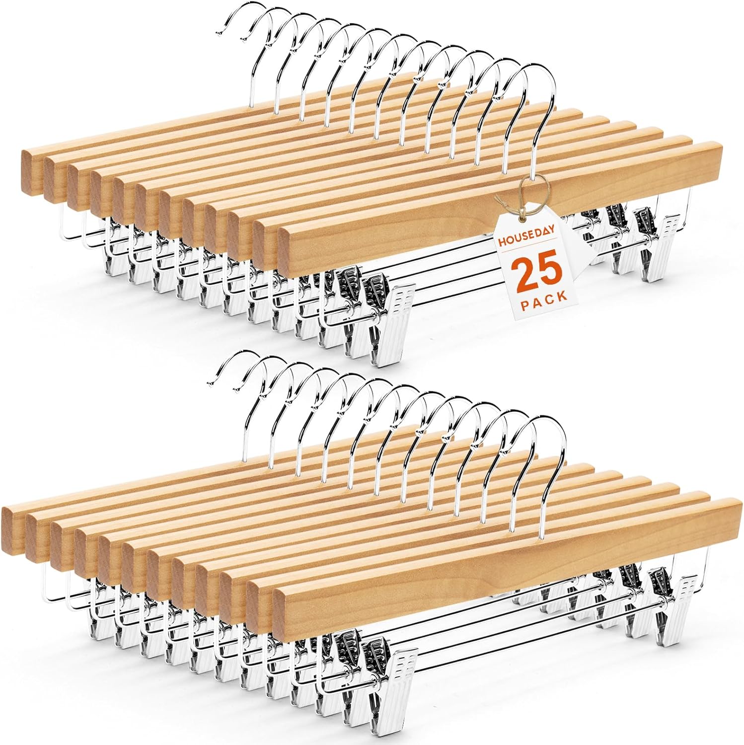 Premium Wooden Pants Hangers 25 Pack, Solid Lotus Wood Skirt Hangers with 2-Adjustable Clips, Heavy Duty & Anti Slip Wood Bottom Hanger for Slacks, Jeans, Trousers, Shorts