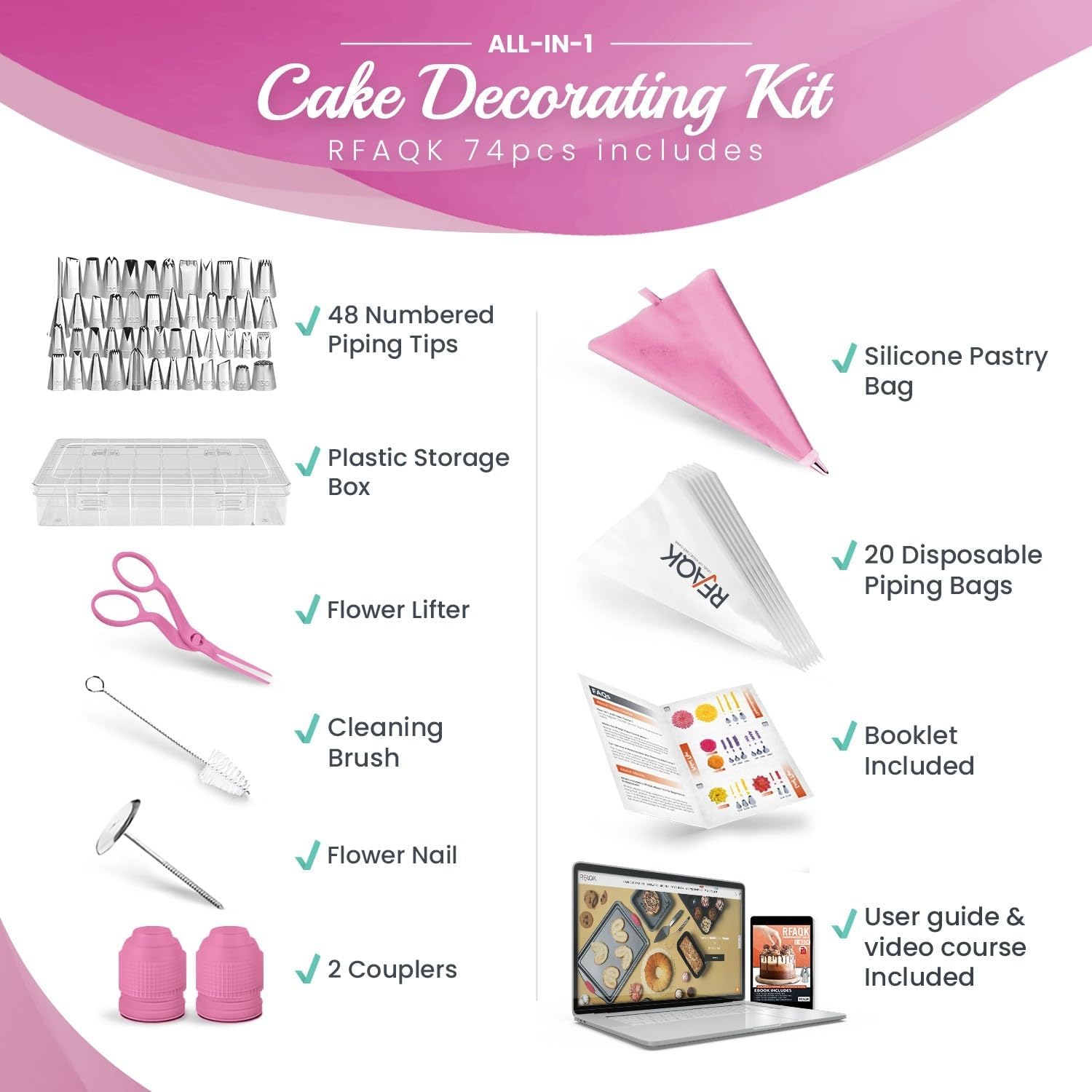 74 PCs Icing Piping Bags and Tips Set, Cake Decorating Kit with 48-Numbered Piping Tips, 20+1 Pastry Bags for Cookie Cupcake Cake Decoration, with Booklet and E-book (Pink)