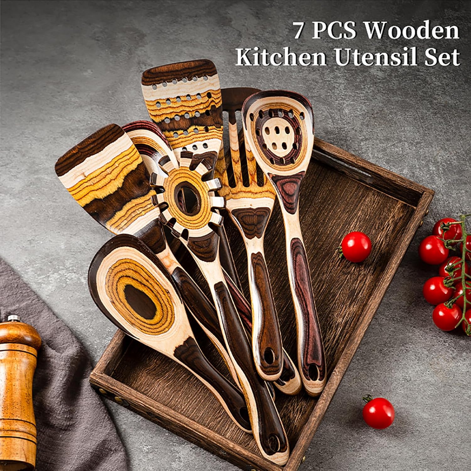 7-Piece Brown Pakkawood Utensils Set – Sturdy, Eco-Friendly, Wooden Spoons for cooking, Wooden Utensil for cooking, Wooden Kitchen Tool, Home & Kitchen Gifts for Men and Women