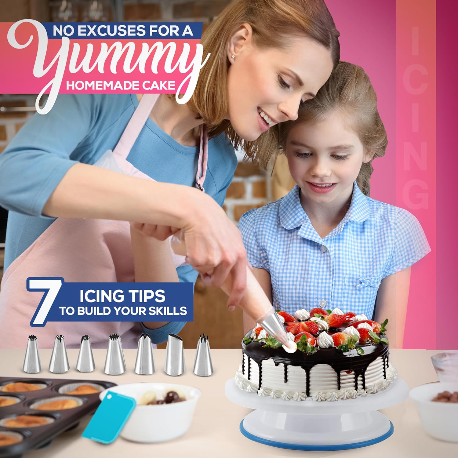 35PCs Cake Turntable and Leveler-Rotating Cake Stand with Non Slip pad-7 Icing Tips and 20 Bags- Straight & Offset Spatula-3 Scraper Set -EBook-Cake Decorating Supplies Kit -Baking Tools