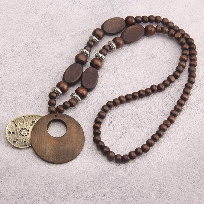 Boho Necklaces for Women Long Wooden Pendant Vintage Necklace Sweater Chain Necklace Handmade Jewelry