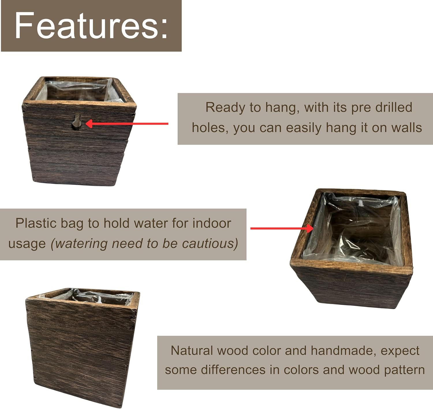 Wood Planter Box for Plants (6 Pack, 4x4 Inch) Small Square Wooden Wall Planters for Indoor Plant, Hanging Window Flower Boxes Herb Planter Table Centerpiece Modern Home Garden Office Decor