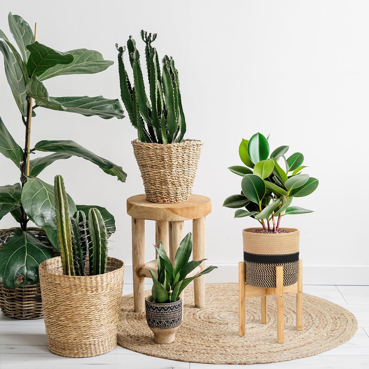 woven cotton rope plant basket Plant Basket with Stand Indoor Planter Pot Holder Sturdy Jute Rope Mod – NexaWood