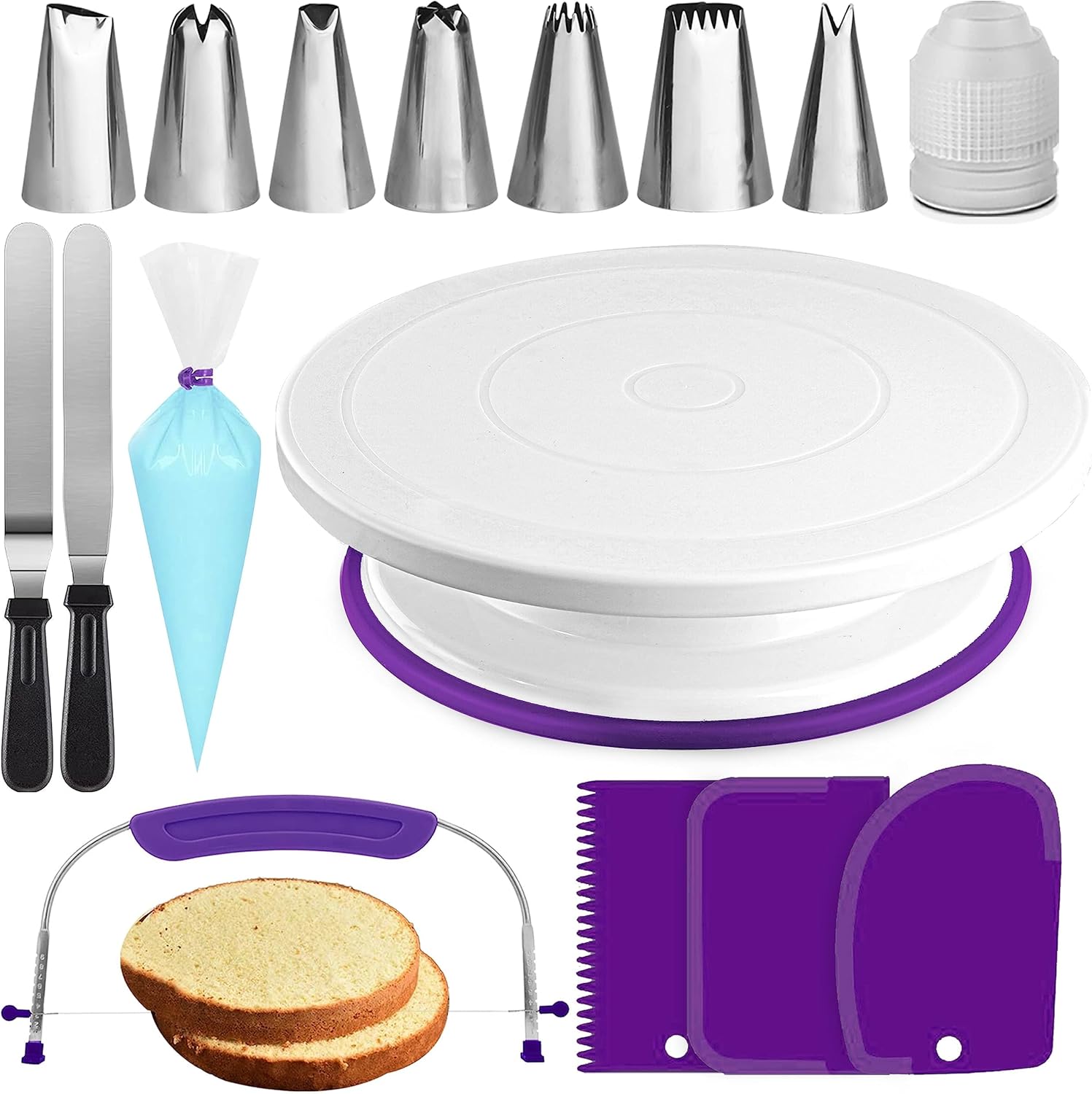 35PCs Cake Turntable and Leveler-Rotating Cake Stand with Non Slip pad-7 Icing Tips and 20 Bags- Straight & Offset Spatula-3 Scraper Set -EBook-Cake Decorating Supplies Kit -Baking Tools