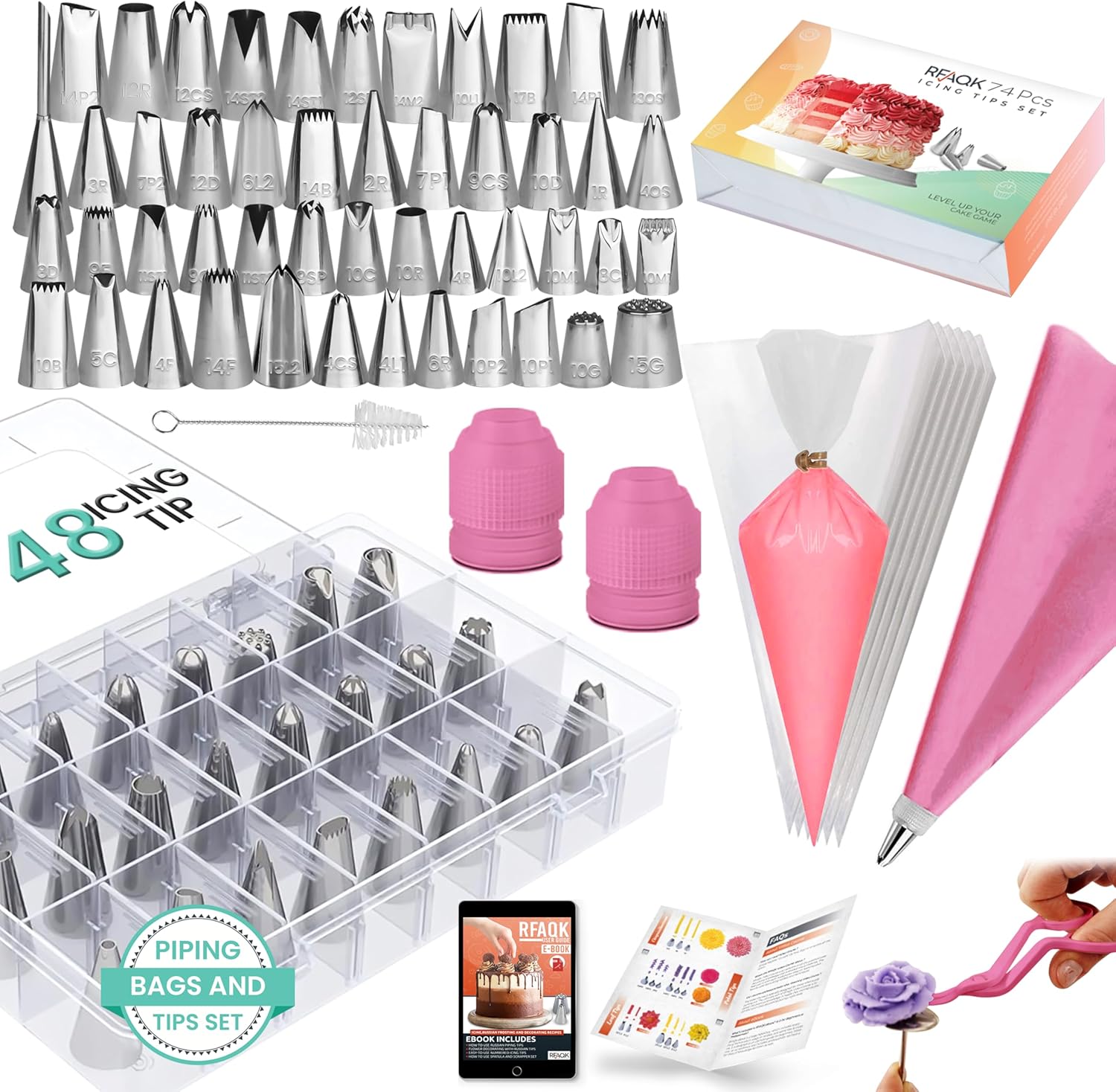 74 PCs Icing Piping Bags and Tips Set, Cake Decorating Kit with 48-Numbered Piping Tips, 20+1 Pastry Bags for Cookie Cupcake Cake Decoration, with Booklet and E-book (Pink)