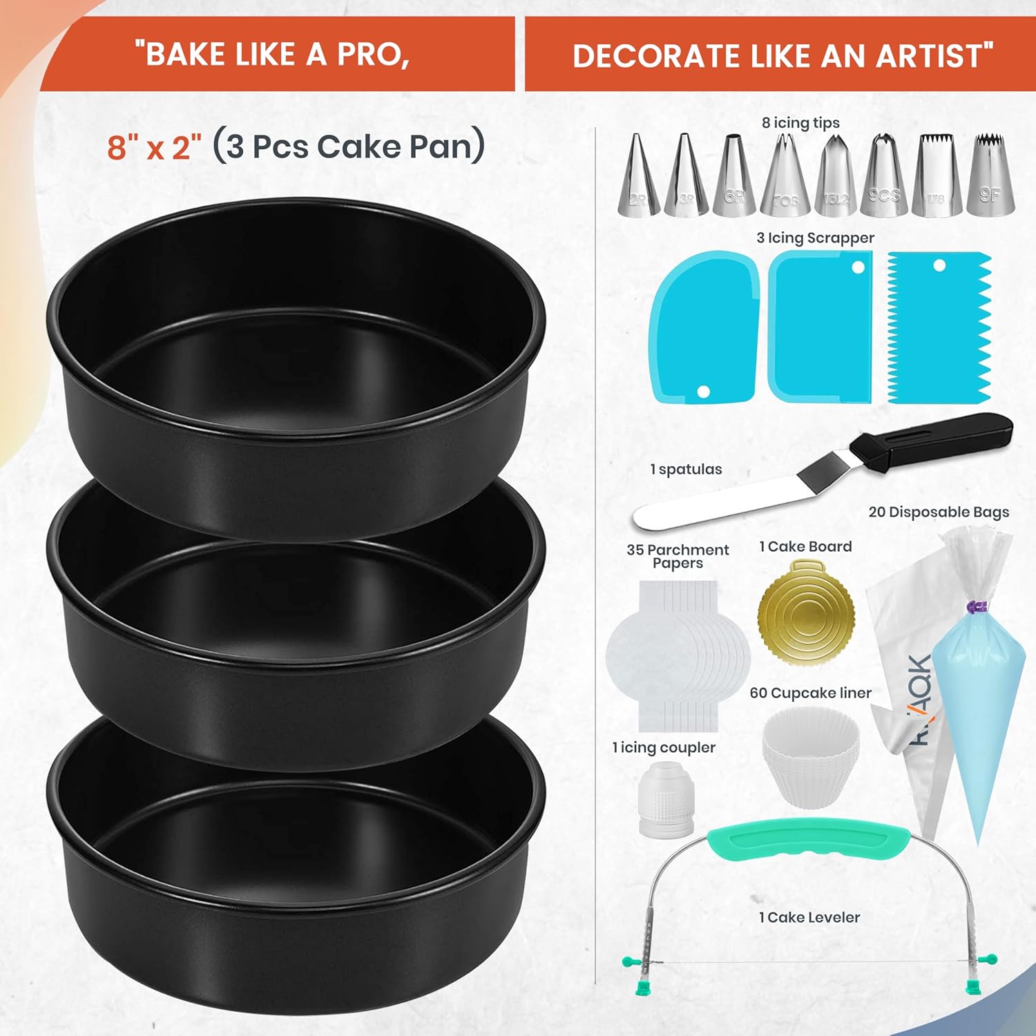 133PCs Round Cake Pans Sets for Baking + Cake Decorating Kit with NonStick 8 Inch Cake Pan Set of 3 -Icing Tips,Cake Leveler,Spatula, Multifunctional Cake Pan, Baking Supplies Gift & eBook