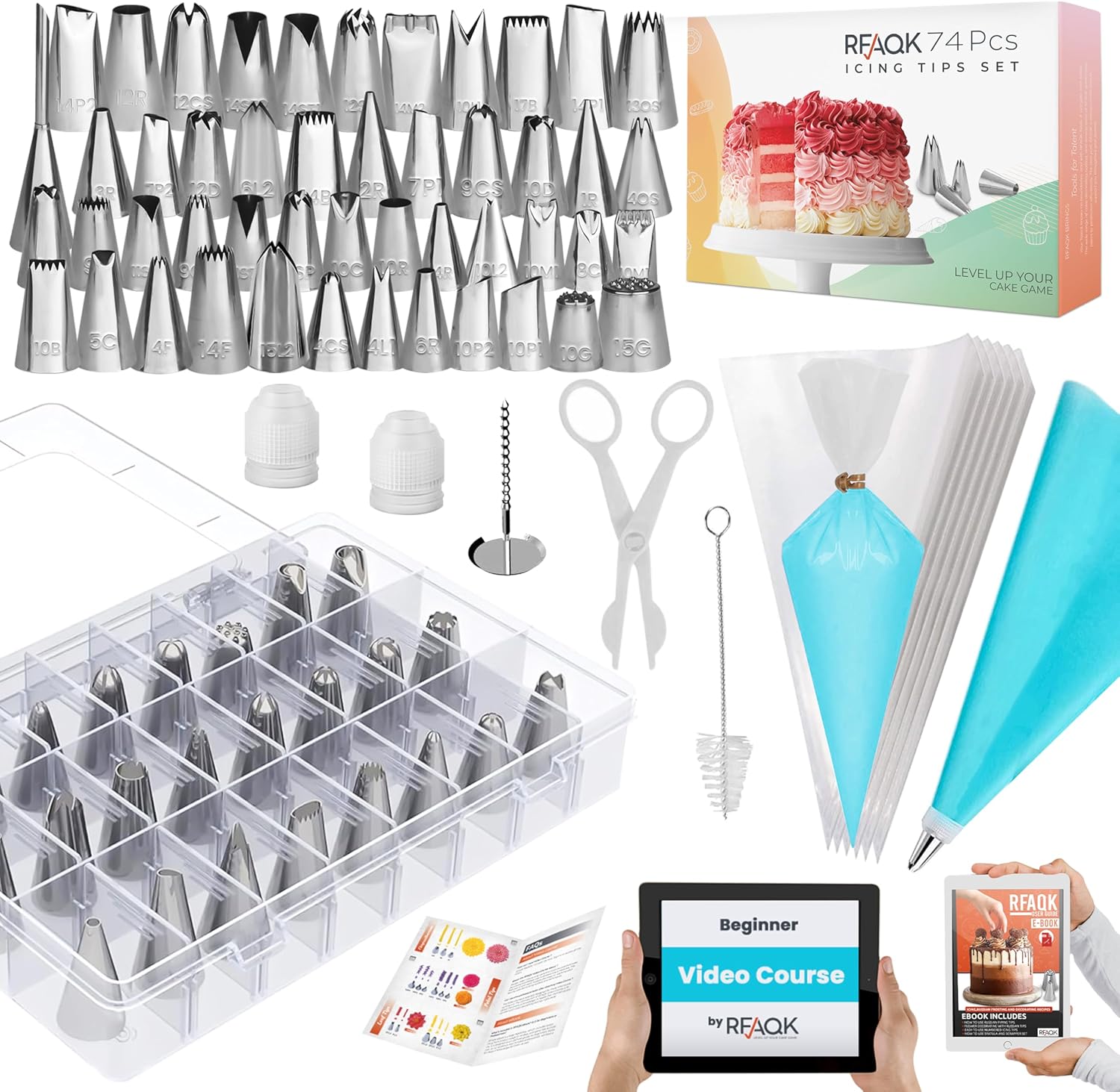 74 PCs Icing Piping Bags and Tips Set, Cake Decorating Kit with 48-Numbered Piping Tips, Anti Burst Pastry Bags for Cookie Cupcake Cake Decoration, Cake Decorating Tips Set with Booklet & E-book