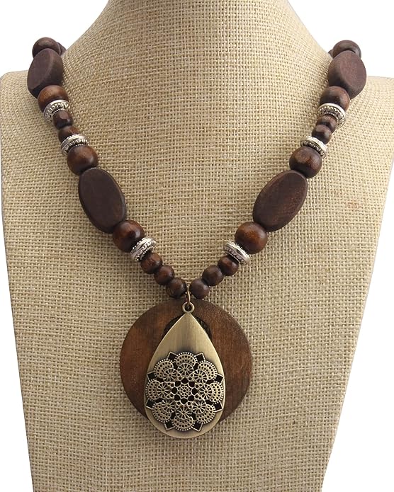 Boho Necklaces for Women Long Wooden Pendant Vintage Necklace Sweater Chain Necklace Handmade Jewelry