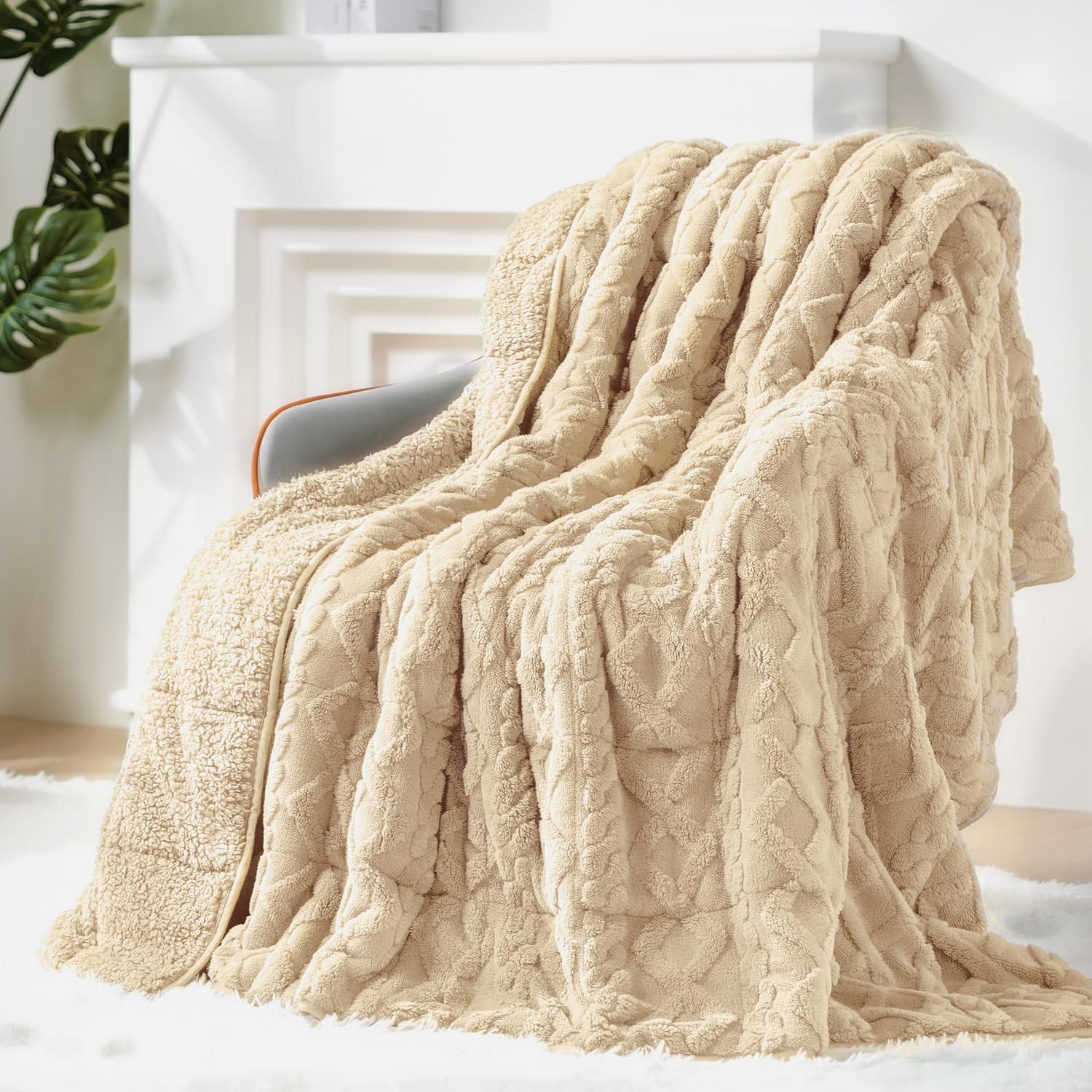 Cream White Cottonblue Weighted Blanket for Adults Queen Size 6.61 pound, Soft Fluffy Sherpa Fleece Jacquard Weighted Blankets Throw 27"x40" for Sleep Relax, Fuzzy Warm Arch Heavy Blanket for Bed Couch, Cream White