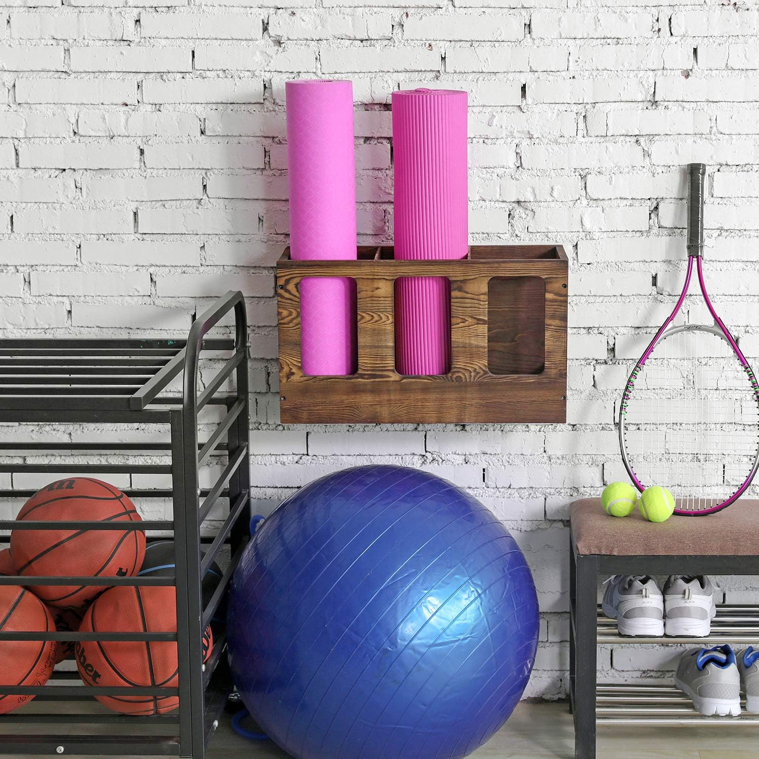 Wall Mounted Vintage Gray Solid Wood Yoga Mat Holder Fitness Gym Foam Roller Storage Organizer, Floor Standing Sports Exercise Mat Rack