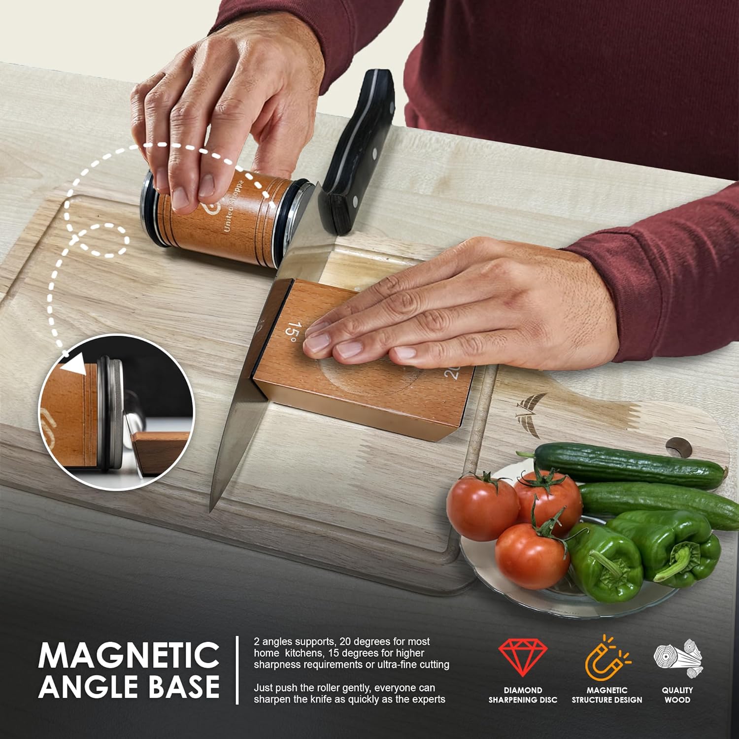 Rolling Knife Sharpener with Protective Wooden Box, Knife Sharpening Made Easy - Knife Sharpener Tool for Kitchen Knives, Kitchen knife Sharpener kit with 15° & 20° Magnetic Angle(Brown)