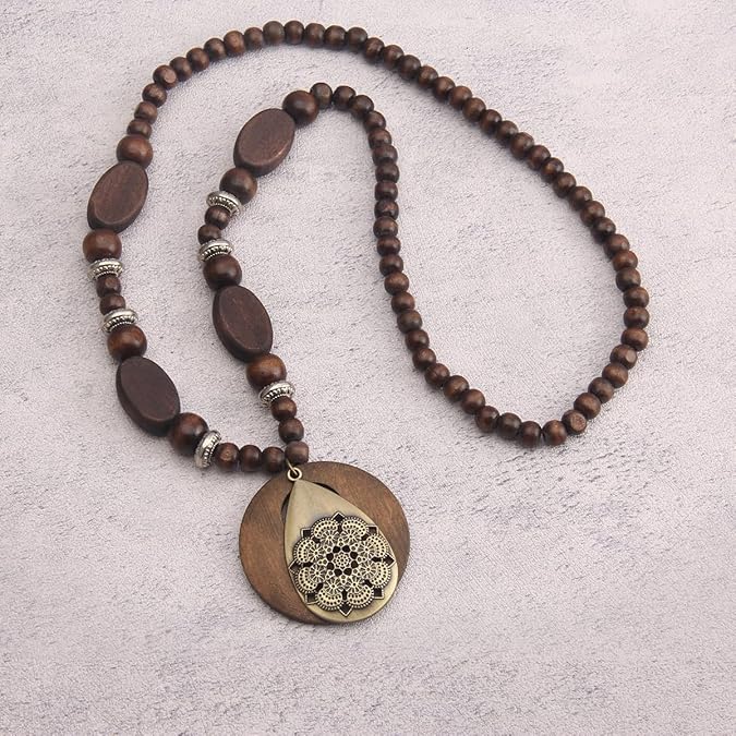 Boho Necklaces for Women Long Wooden Pendant Vintage Necklace Sweater Chain Necklace Handmade Jewelry